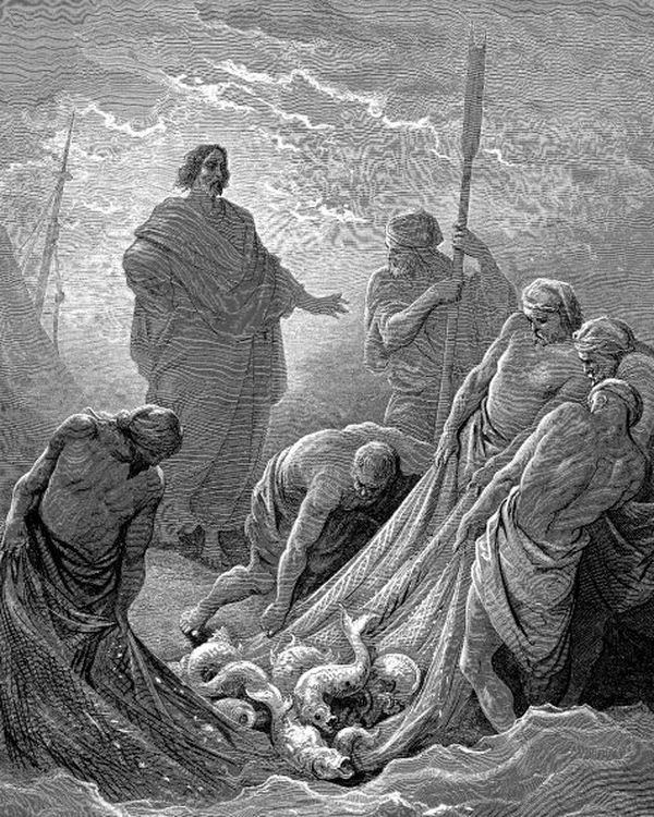 Gravura de Gustave Doré: a pesca milagrosa e o chamado dos discípulos